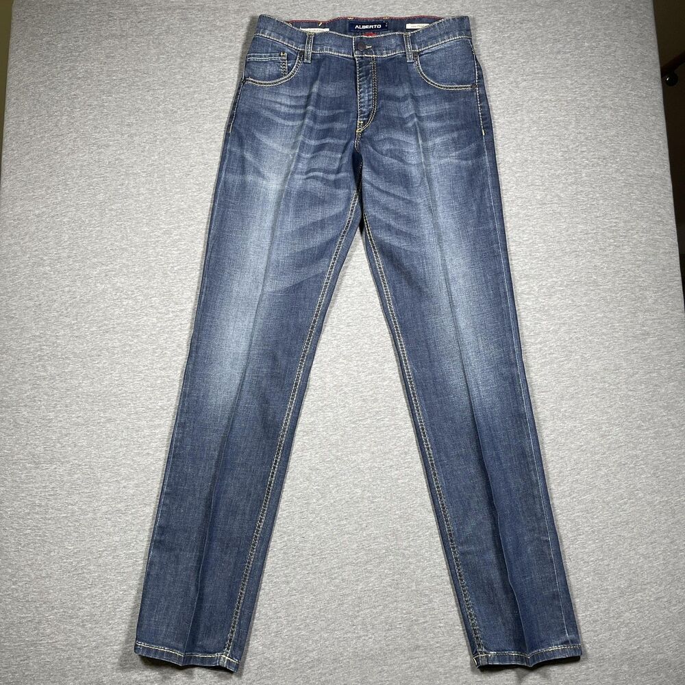 ALBERTO Jeans Mens 31x34 Blue Medium Wash Slim Straight Pockets Logo